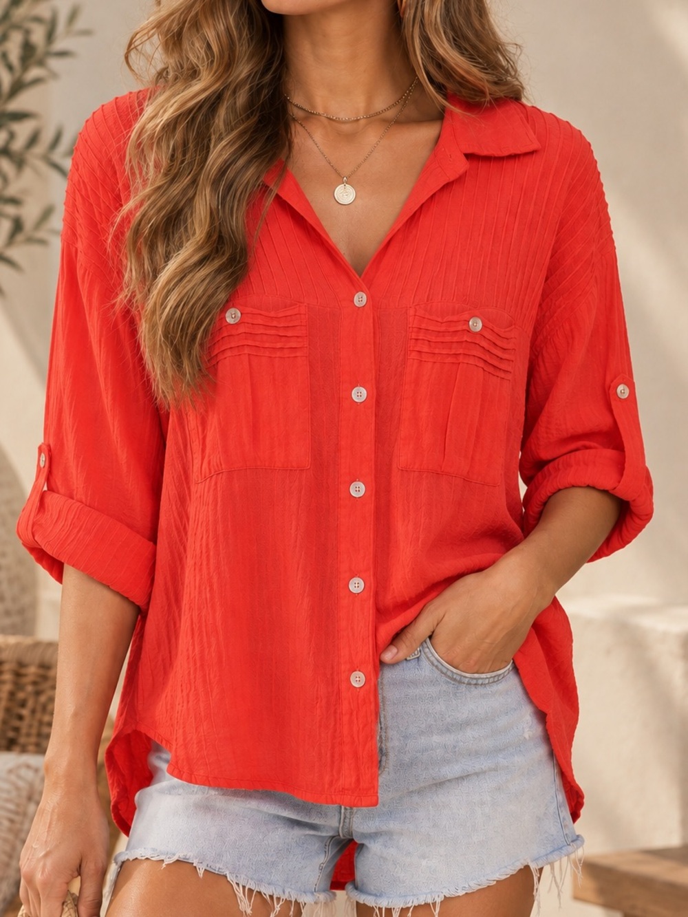 VICI Orange Button Front Blouse Roll Tab Sleeve Textured Boho Top Work Coastal M
